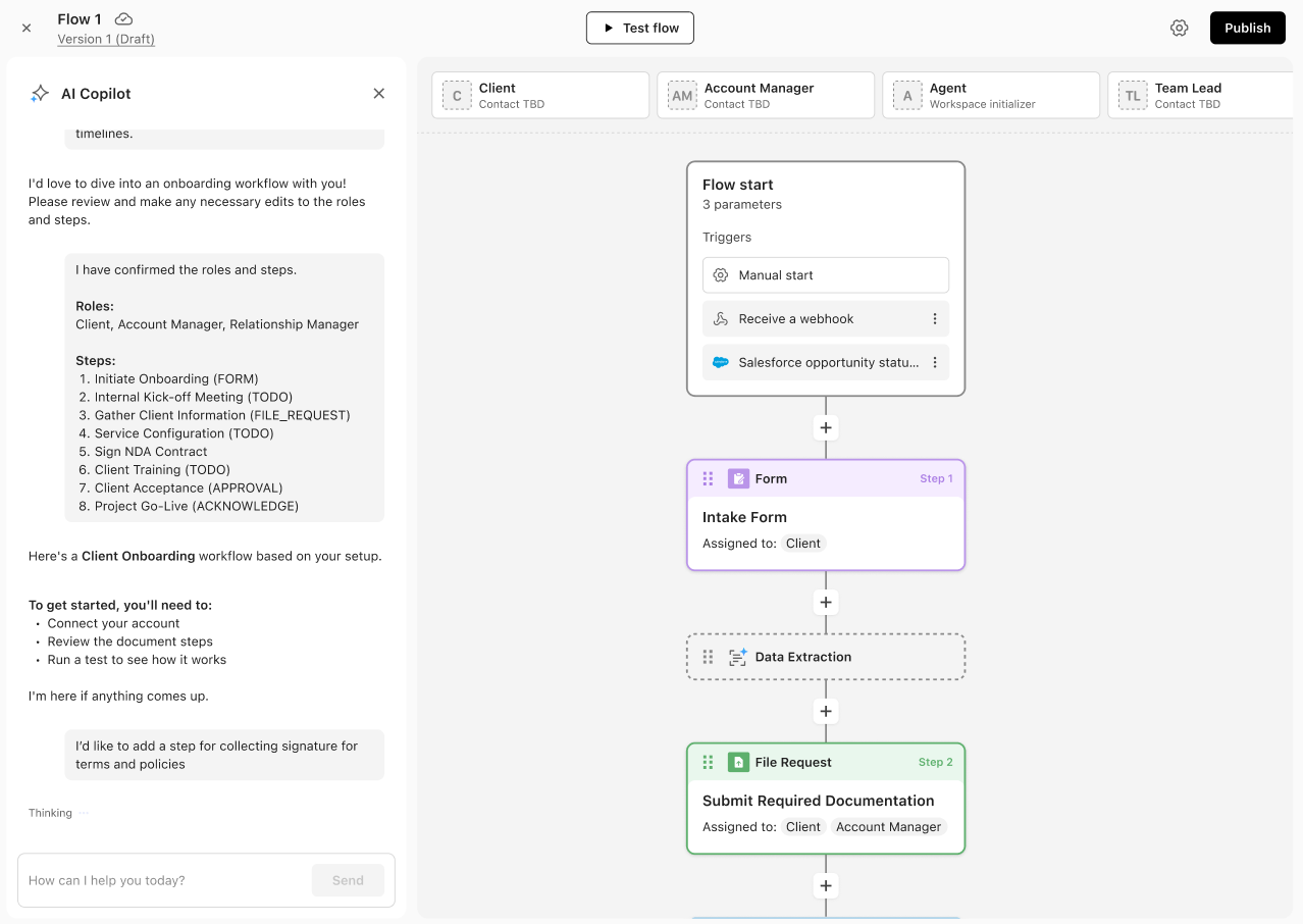 AI assistant adding a new file request action after the user asks for another step.
