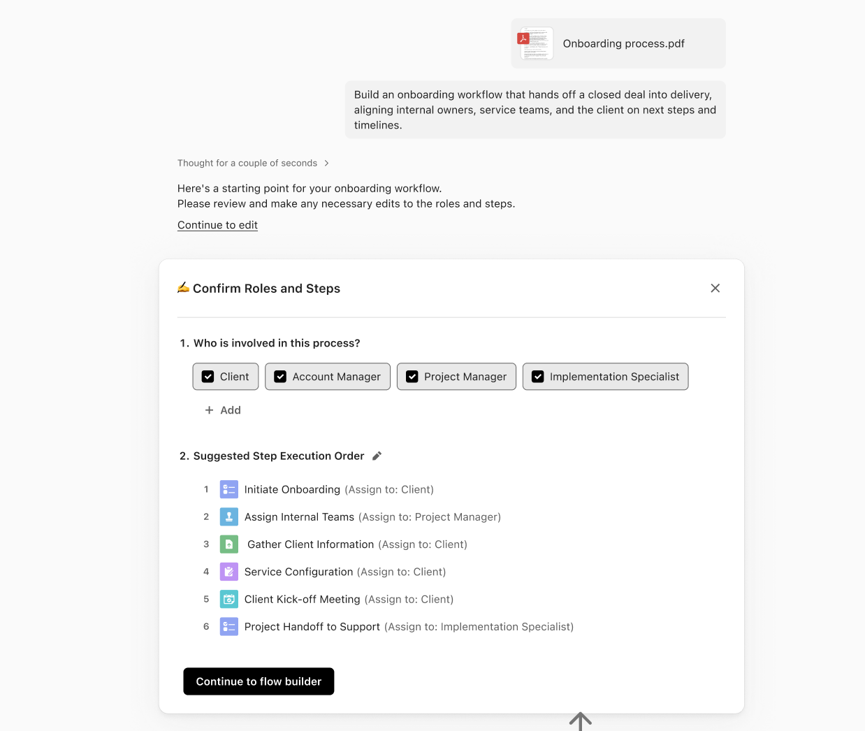 Clarification modal asking who is involved in the process and showing a suggested step execution order.