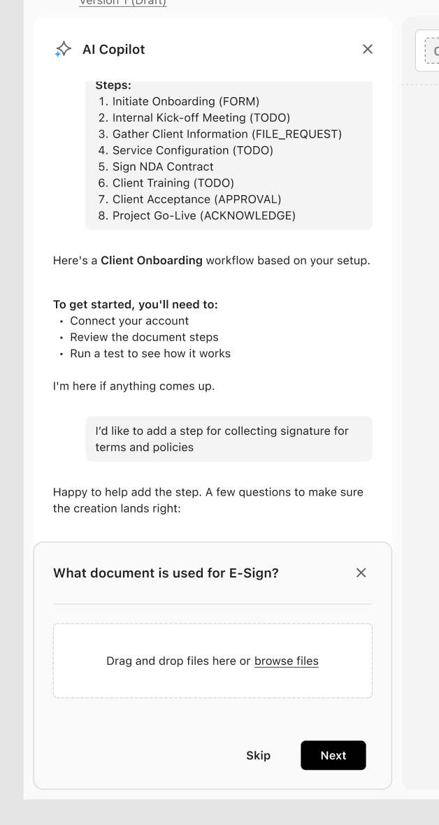 AI assistant asking which document should be used for an e-sign step and offering file upload.