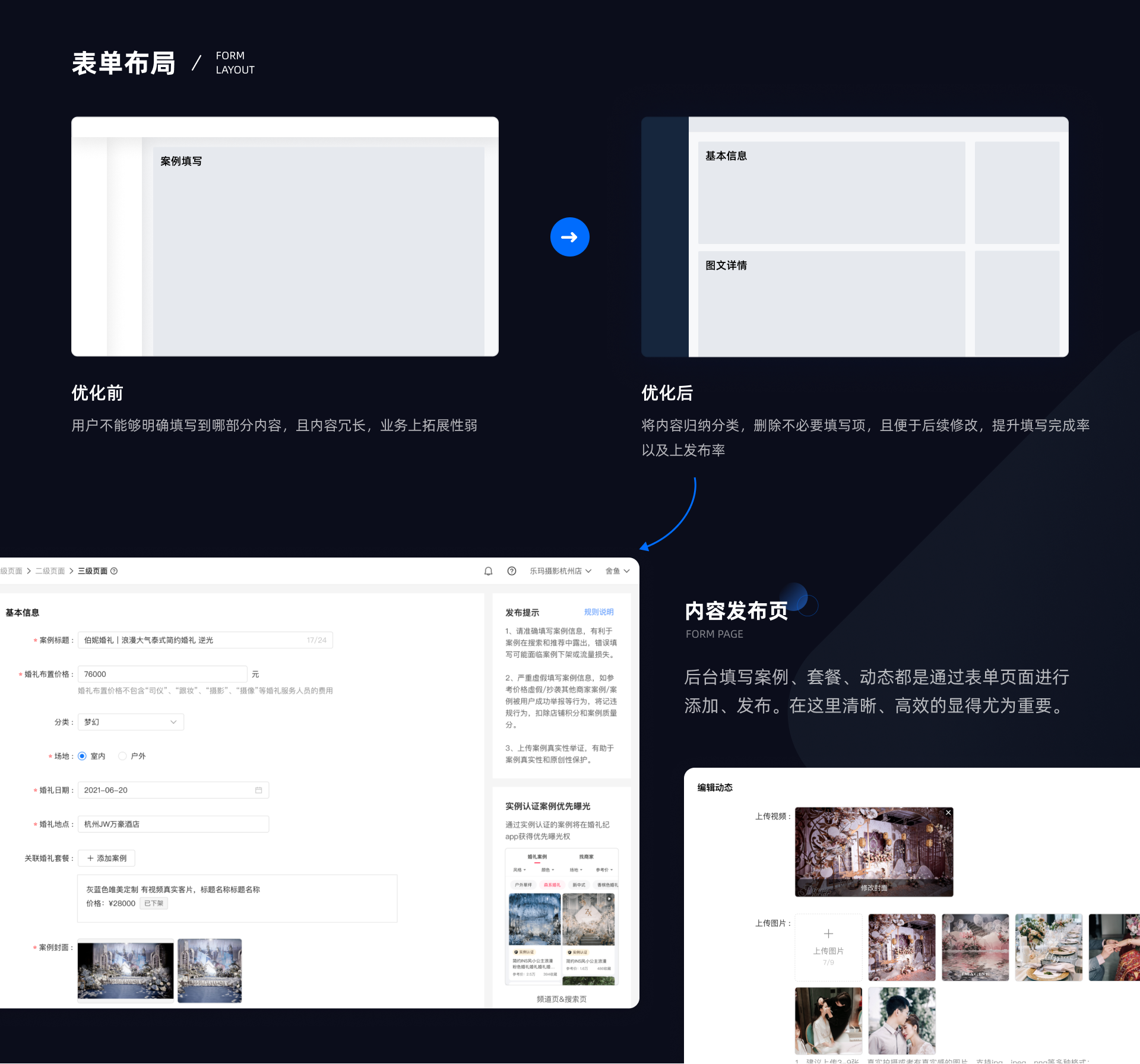 Form layout update showing case publishing split into clearer steps and grouped content blocks.