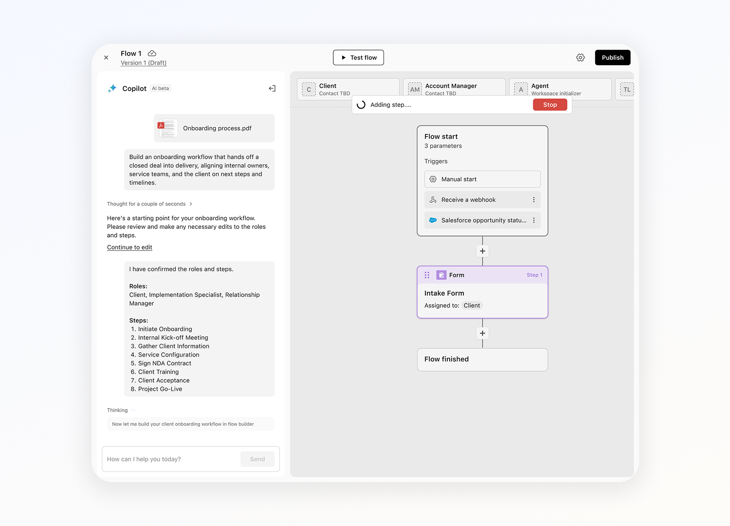 Generated workflow draft in the Builder interface.