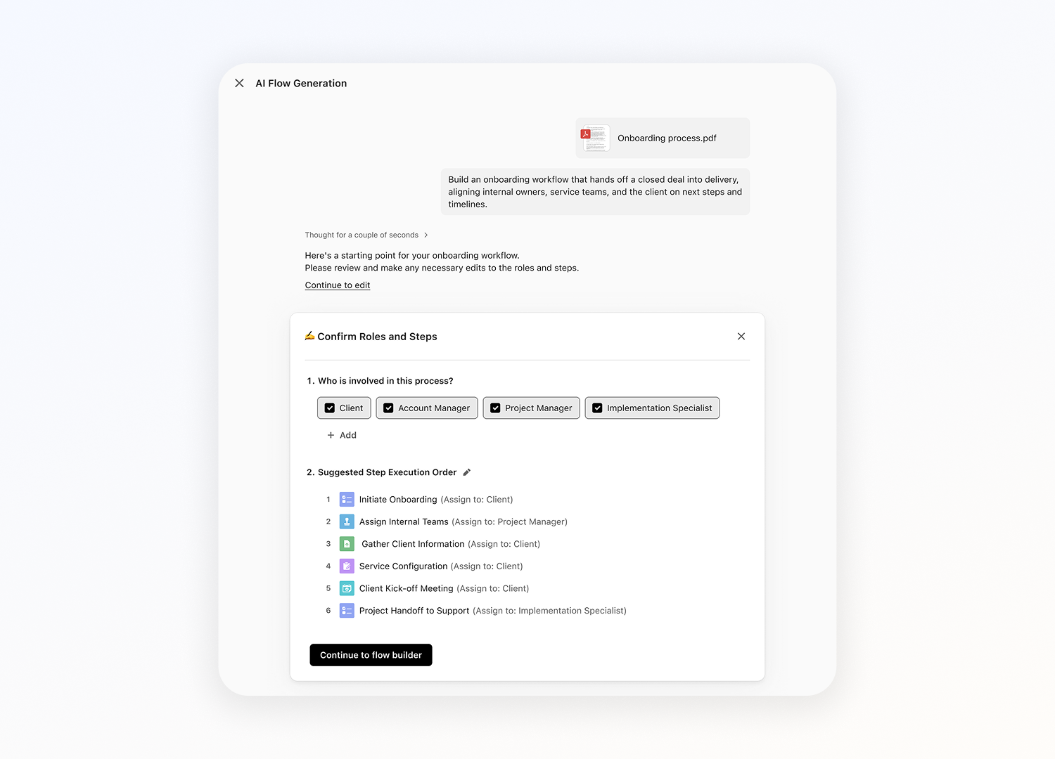 Focused clarification questions before workflow generation.