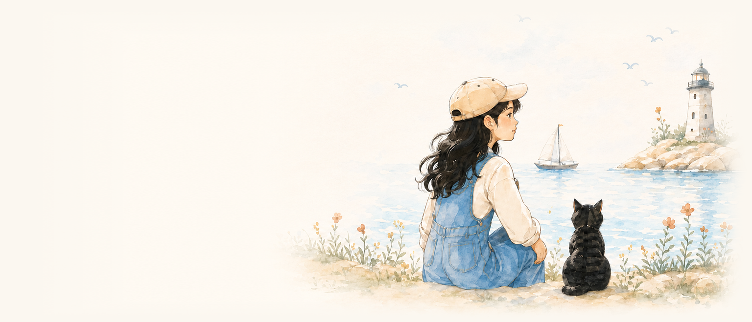 Watercolor illustration of Catherine and a black cat looking toward a lighthouse by the sea.