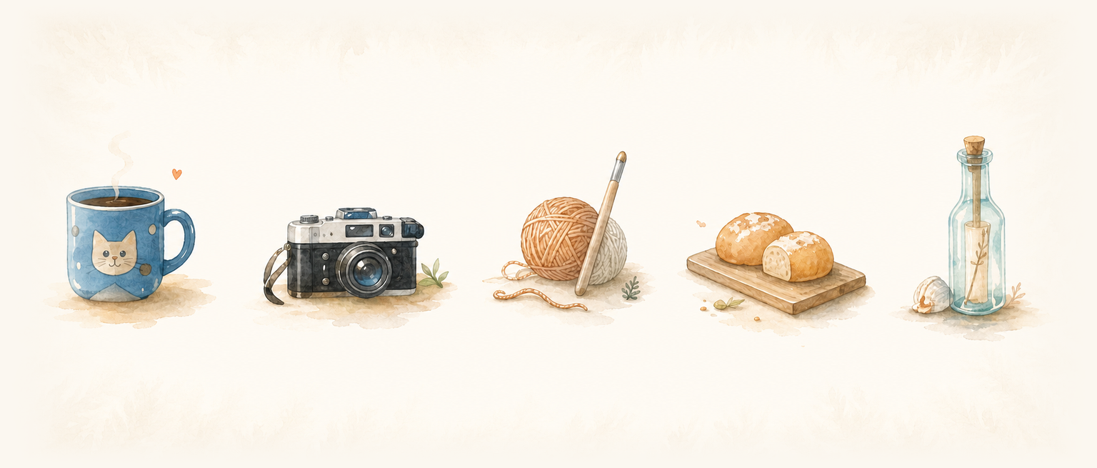 Watercolor objects representing coffee, photography, crochet, baking, and collecting memories.