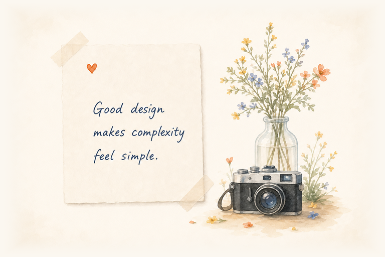 A watercolor note about simple design beside wildflowers and a camera.