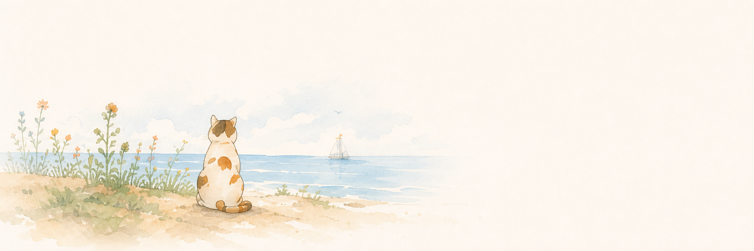 Watercolor calico cat looking across a quiet shoreline toward a sailboat.