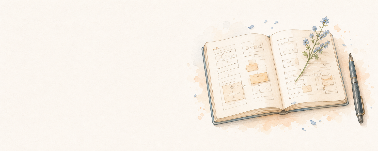 Watercolor open sketchbook filled with product wireframes, a flower, and a pen.