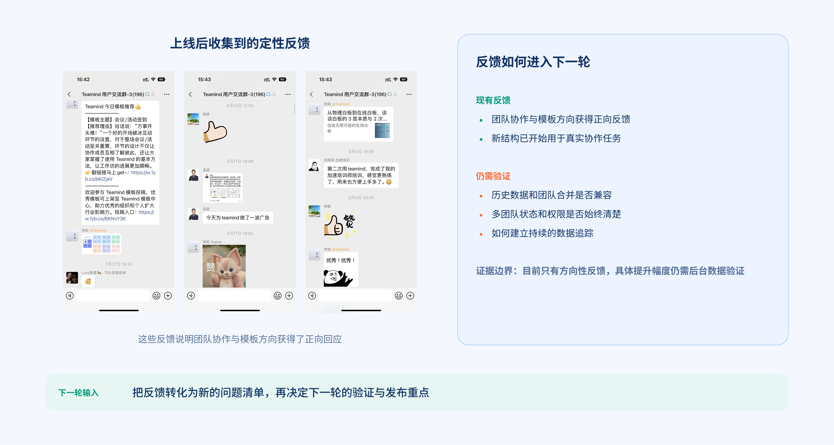 Qualitative post-launch feedback on collaboration and template directions, with the next validation priorities.