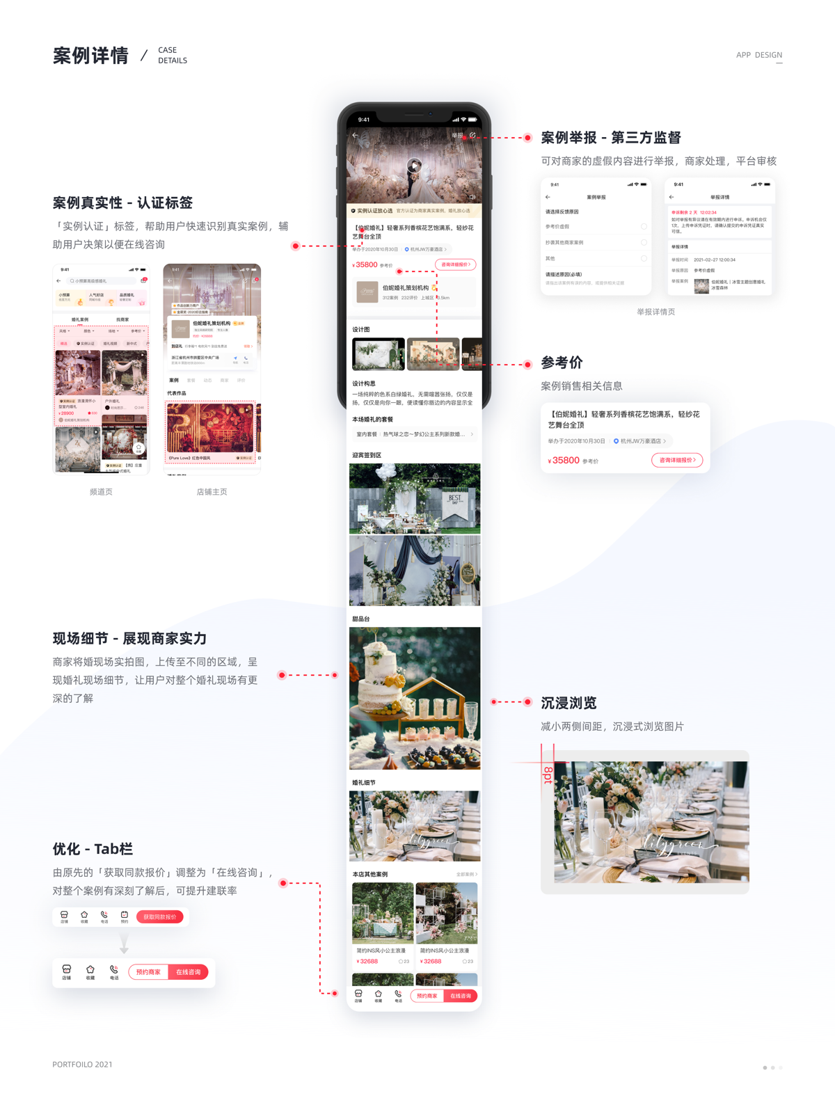 Wedding case details with certification, reporting, reference price, venue photos, and consultation action.