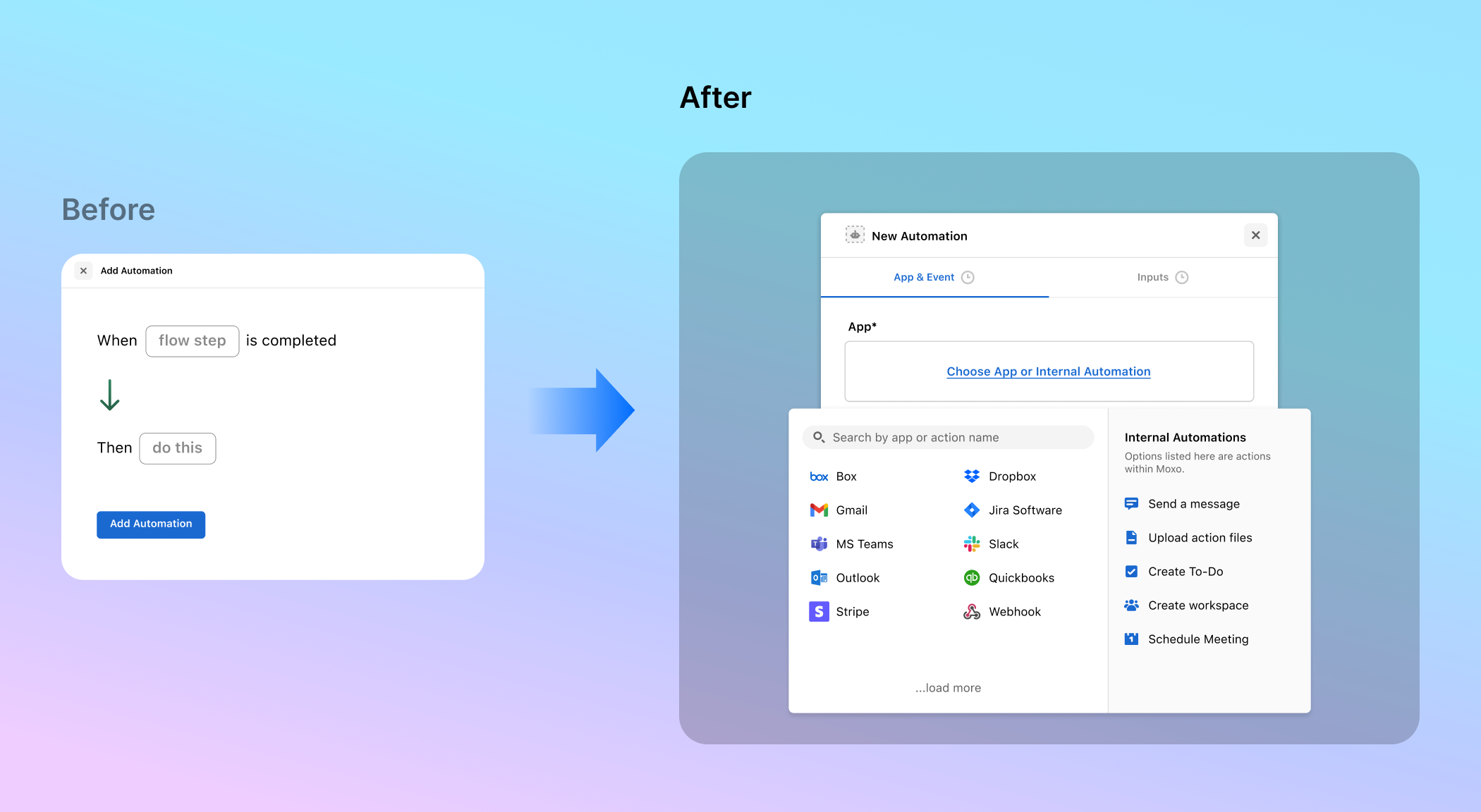 Before and after comparison of Automation changing from a When and Then sentence into a separate App and Event configuration.