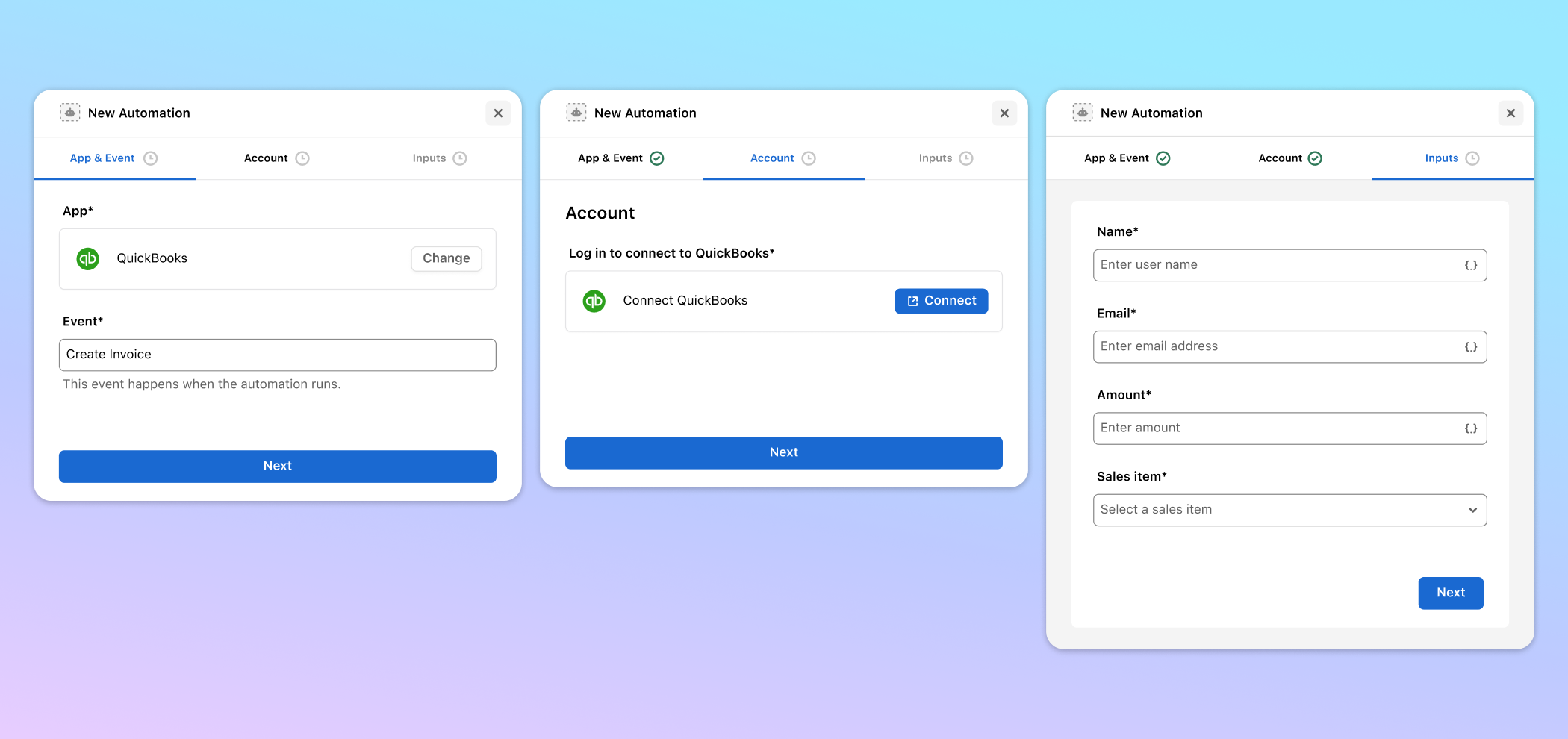 The three-step QuickBooks Create Invoice configuration: App and Event, Account, and Inputs.