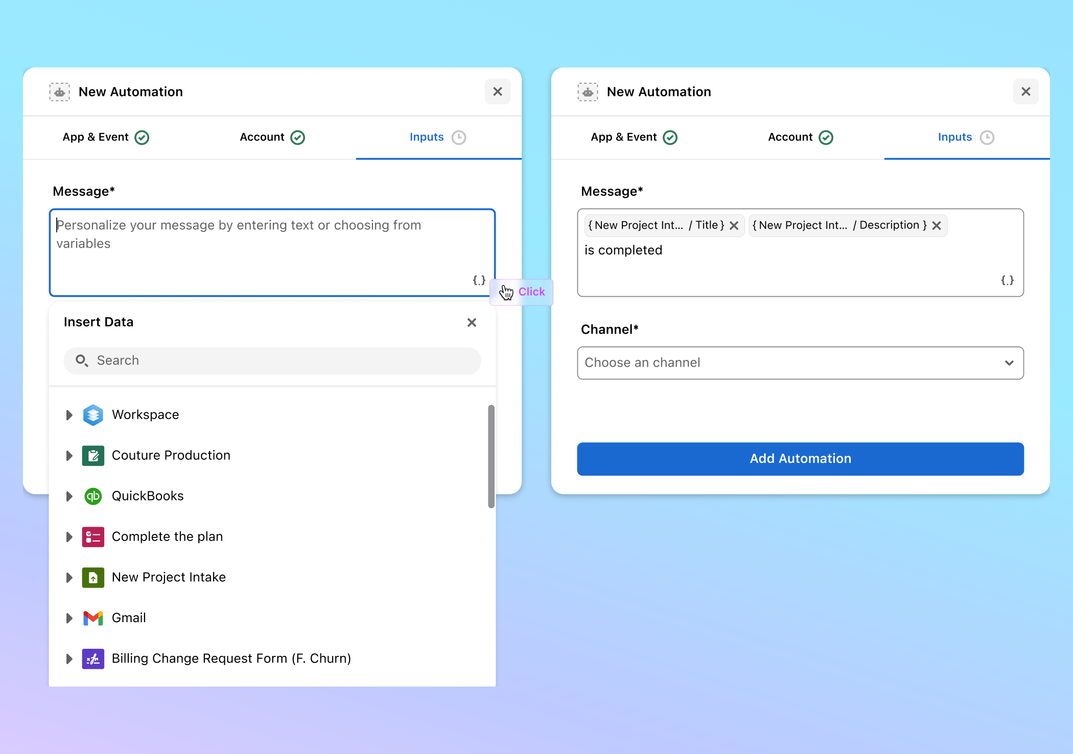 A text Input opens Insert Data and references title and description values produced by earlier Workflow steps.