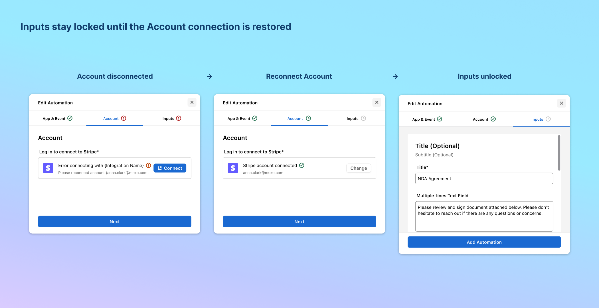 Inputs remain locked when the Account connection fails and unlock after the connection is restored.