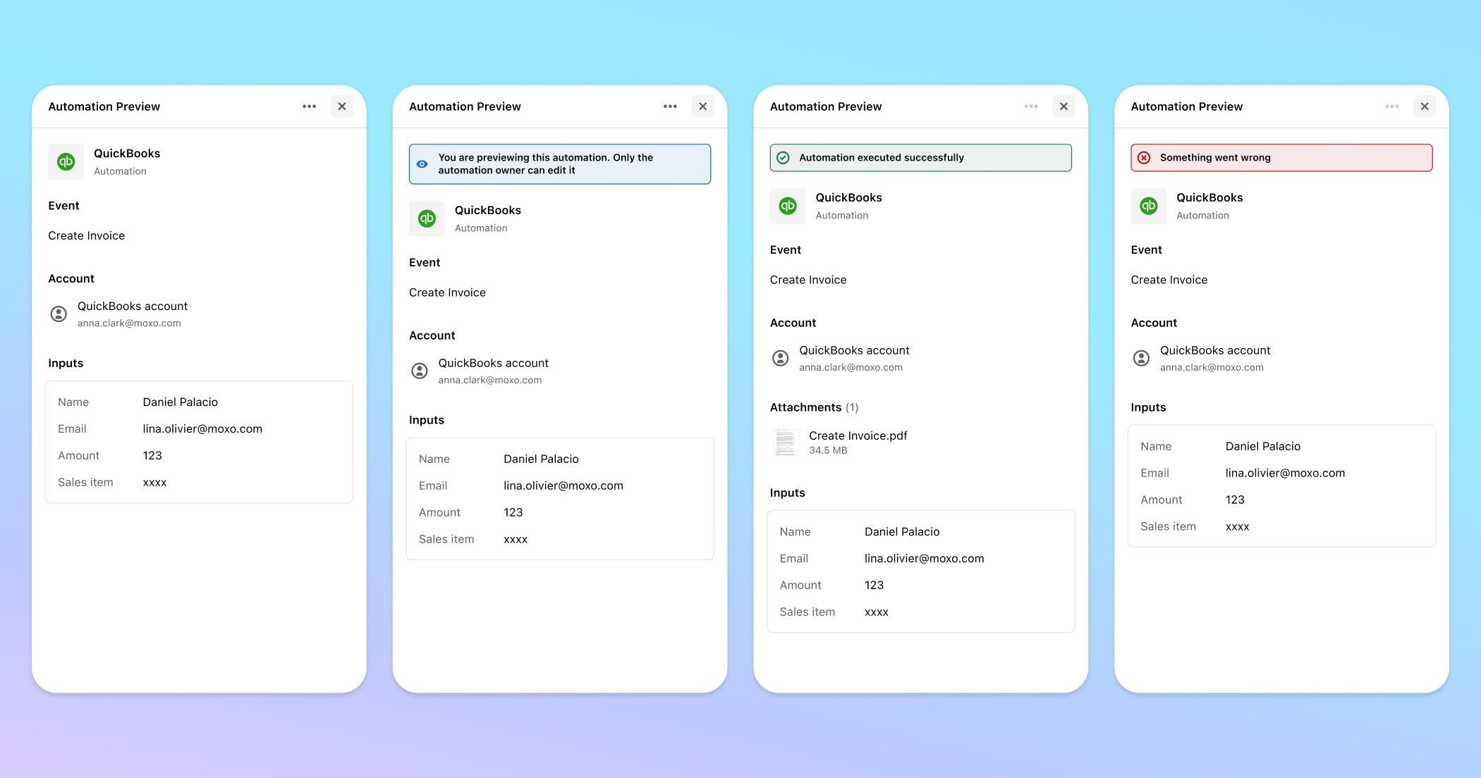 Automation Preview shown in default, read-only notice, successful execution, and failed execution states.